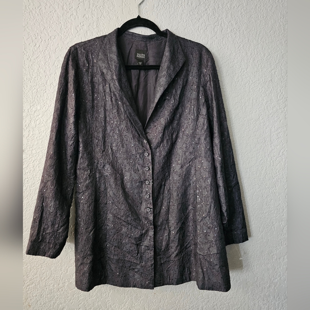 Eileen Fisher Black and Sequin Jacket Size Medium Made In China Silk